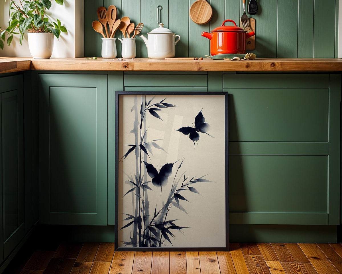 Sumi-e Butterfly Wall Art, Asian Ink Painting Print, Japandi Bamboo Décor, Japanese Ink Minimalist by The Wall Art Studio...