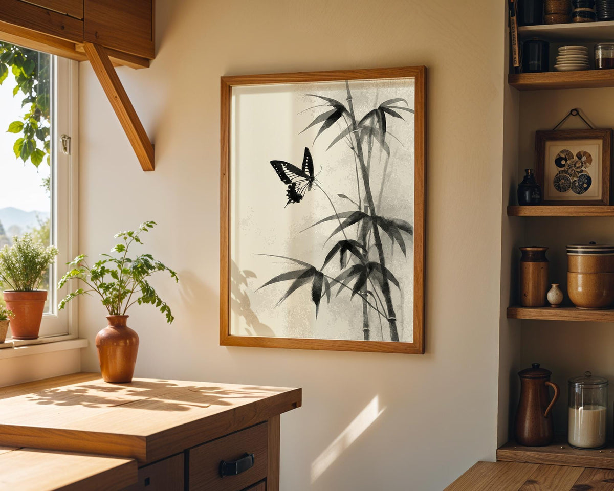Sumi-e Butterfly Wall Art, Asian Ink Painting Print, Japandi Bamboo Décor, Japanese Ink Minimalist by The Wall Art Studio...