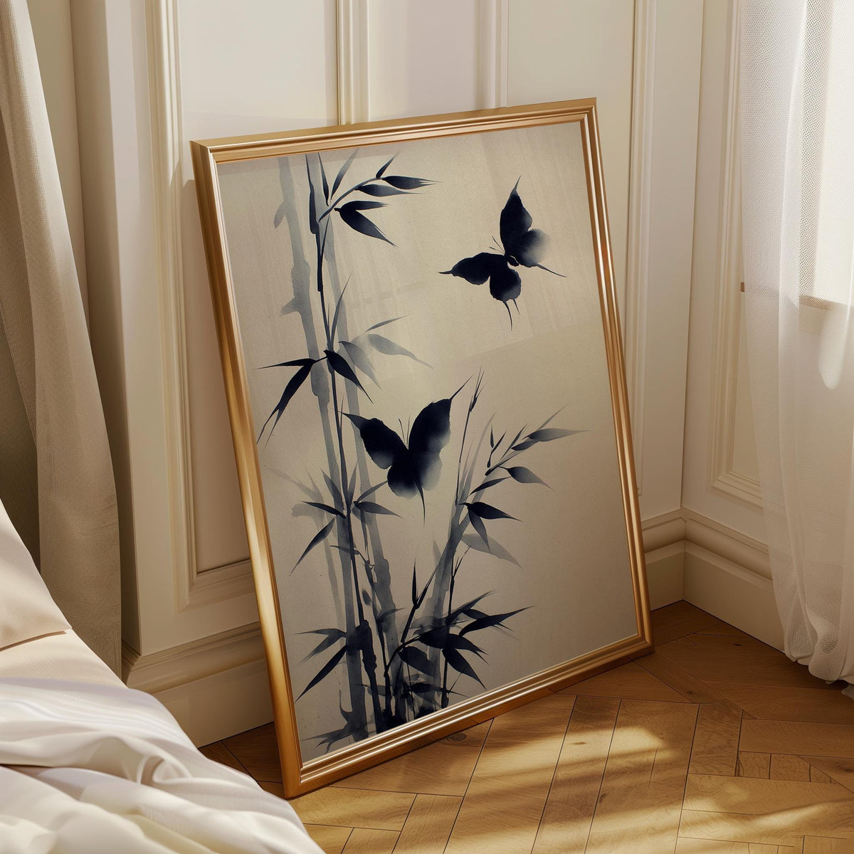 Sumi-e Butterfly Wall Art, Asian Ink Painting Print, Japandi Bamboo Décor, Japanese Ink Minimalist by The Wall Art Studio...
