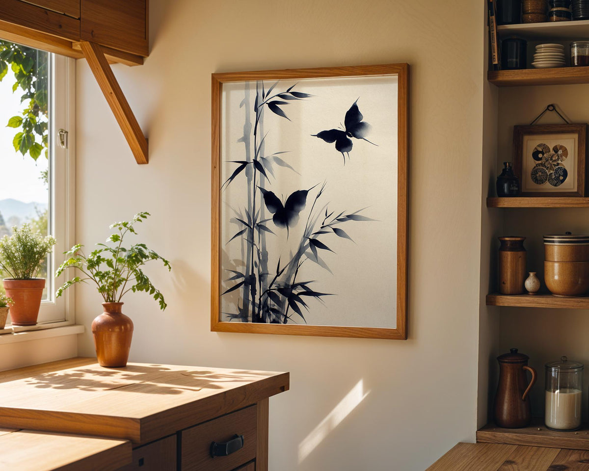 Sumi-e Butterfly Wall Art, Asian Ink Painting Print, Japandi Bamboo Décor, Japanese Ink Minimalist by The Wall Art Studio...