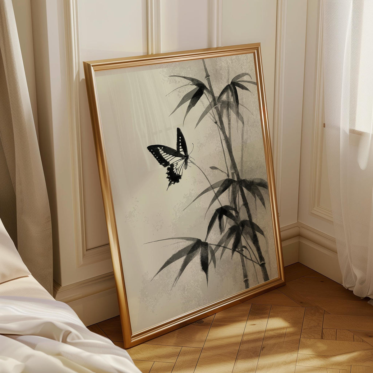 Sumi-e Butterfly Wall Art, Asian Ink Painting Print, Japandi Bamboo Décor, Japanese Ink Minimalist by The Wall Art Studio...