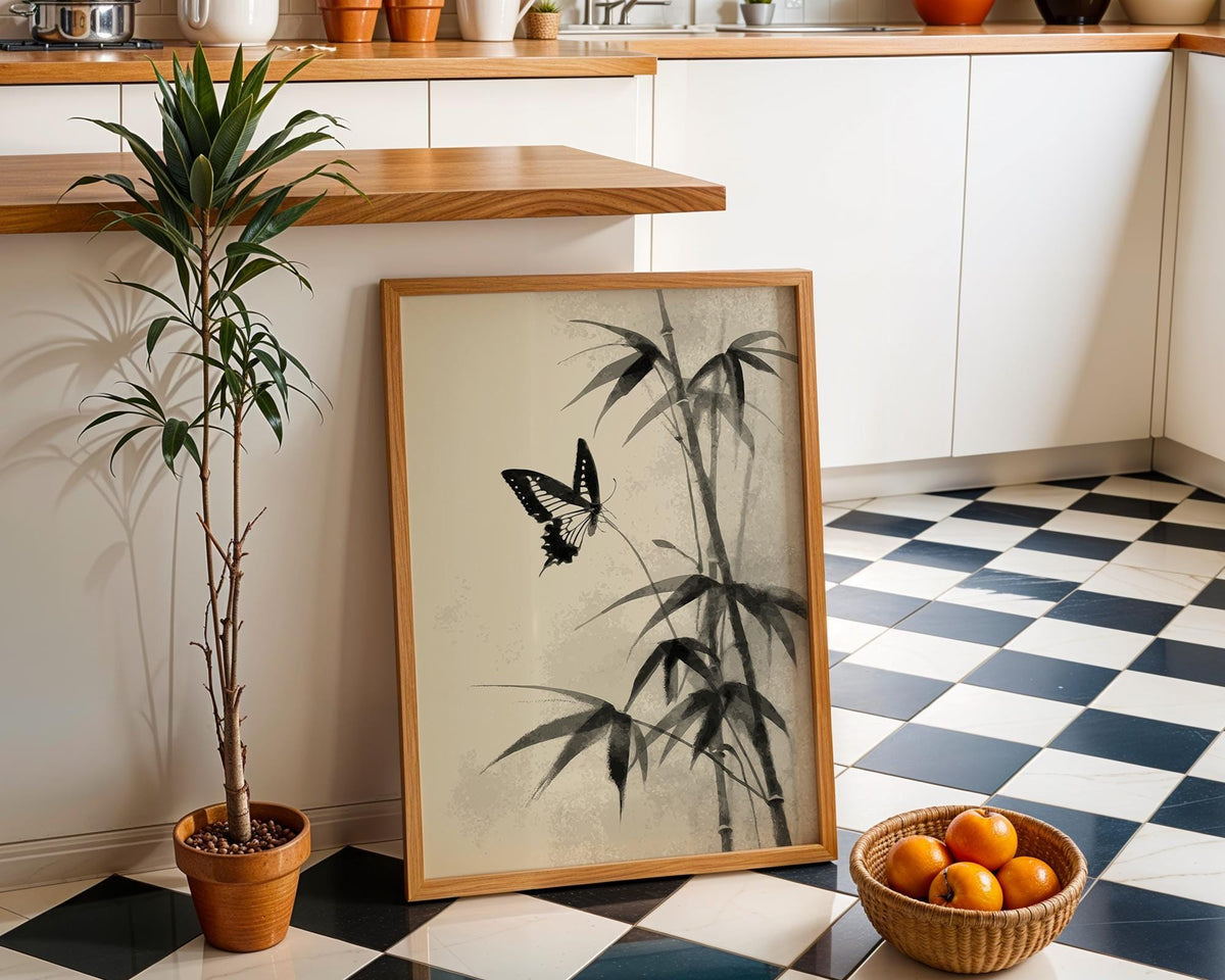 Sumi-e Butterfly Wall Art, Asian Ink Painting Print, Japandi Bamboo Décor, Japanese Ink Minimalist by The Wall Art Studio...