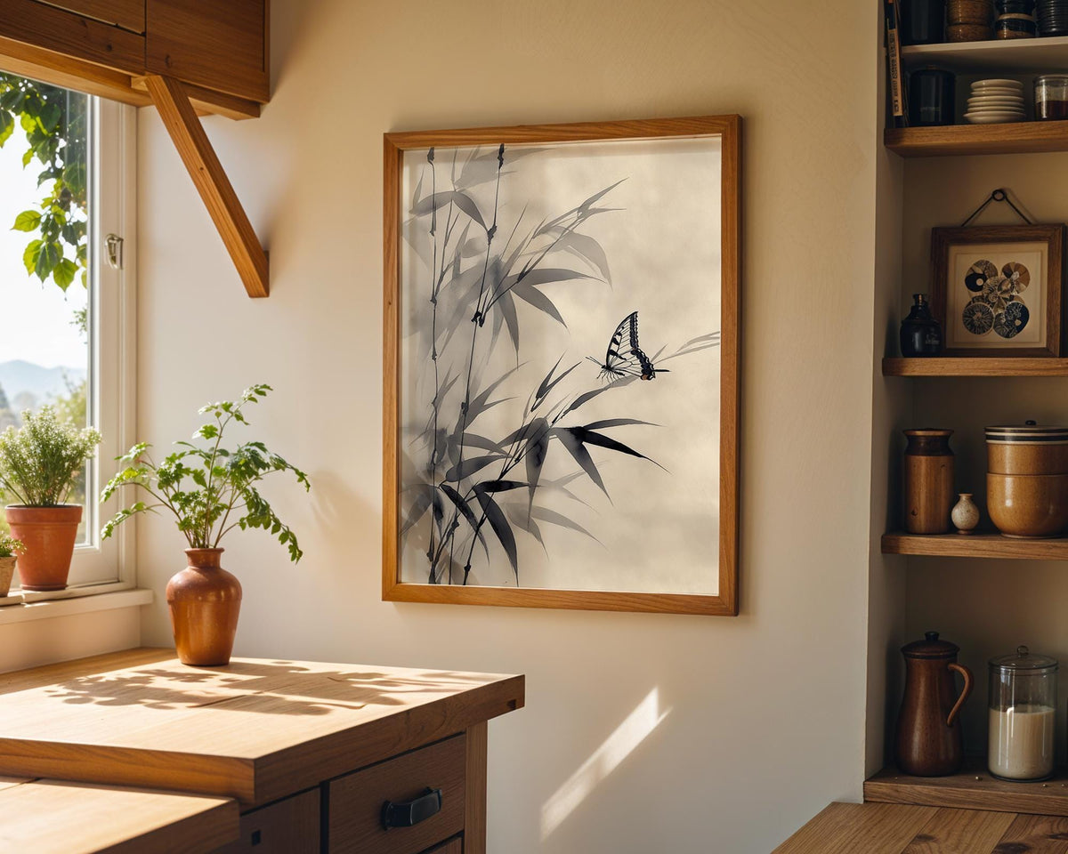 Sumi-e Butterfly Wall Art, Asian Ink Painting Print, Japandi Bamboo Décor, Japanese Ink Minimalist by The Wall Art Studio...