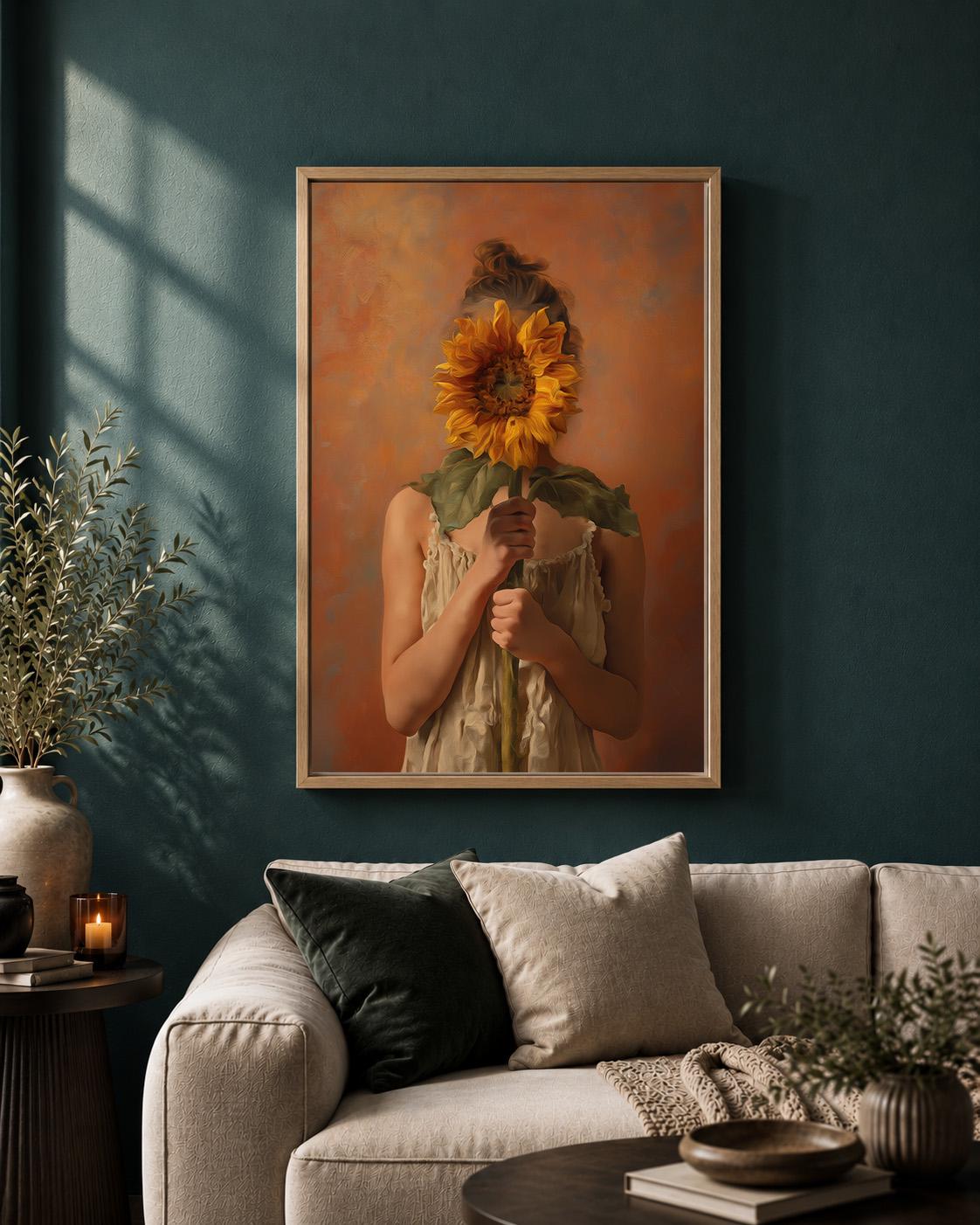 Sunflower Portrait Framed Canvas Wall Art, Moody Feminine Floral Painting, Boho Cottagecore Decor by The Wall Art Studio -...