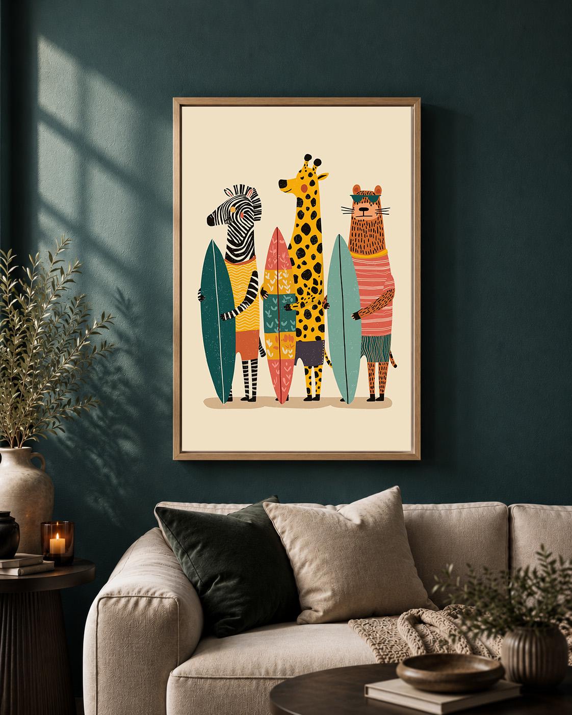 Surfing Animals framed Canvas Art, Zebra Giraffe Tiger Nursery Print, Jungle Beach Decor by The Wall Art Studio - physical