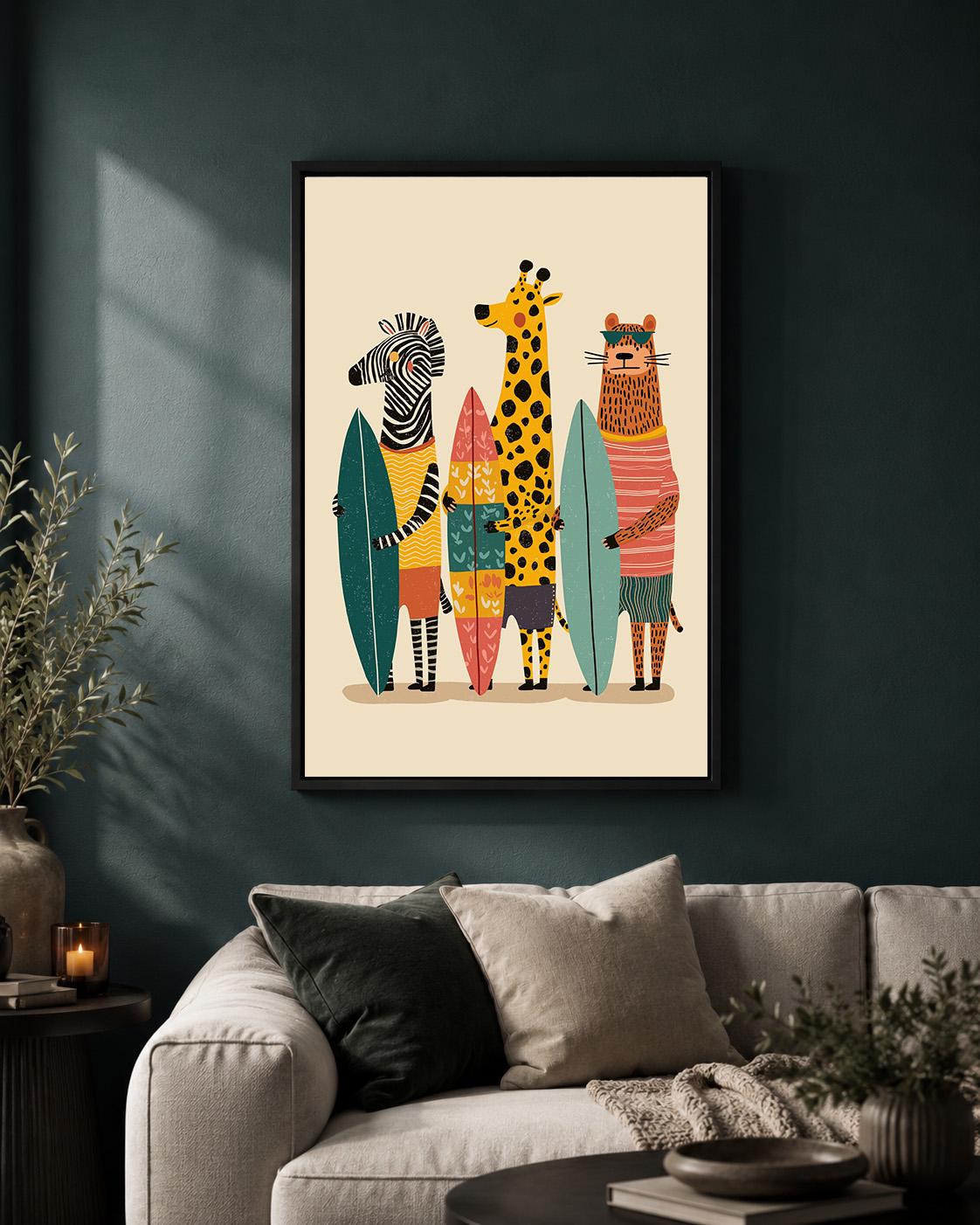 Surfing Animals framed Canvas Art, Zebra Giraffe Tiger Nursery Print, Jungle Beach Decor by The Wall Art Studio - physical