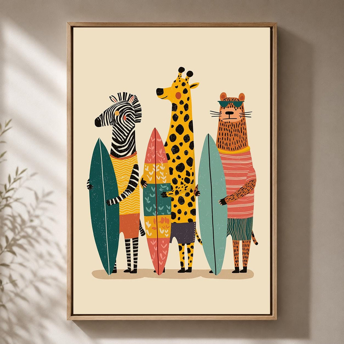 Surfing Animals framed Canvas Art, Zebra Giraffe Tiger Nursery Print, Jungle Beach Decor by The Wall Art Studio - physical