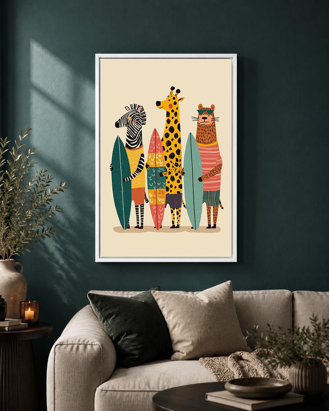Surfing Animals framed Canvas Art, Zebra Giraffe Tiger Nursery Print, Jungle Beach Decor by The Wall Art Studio - physical