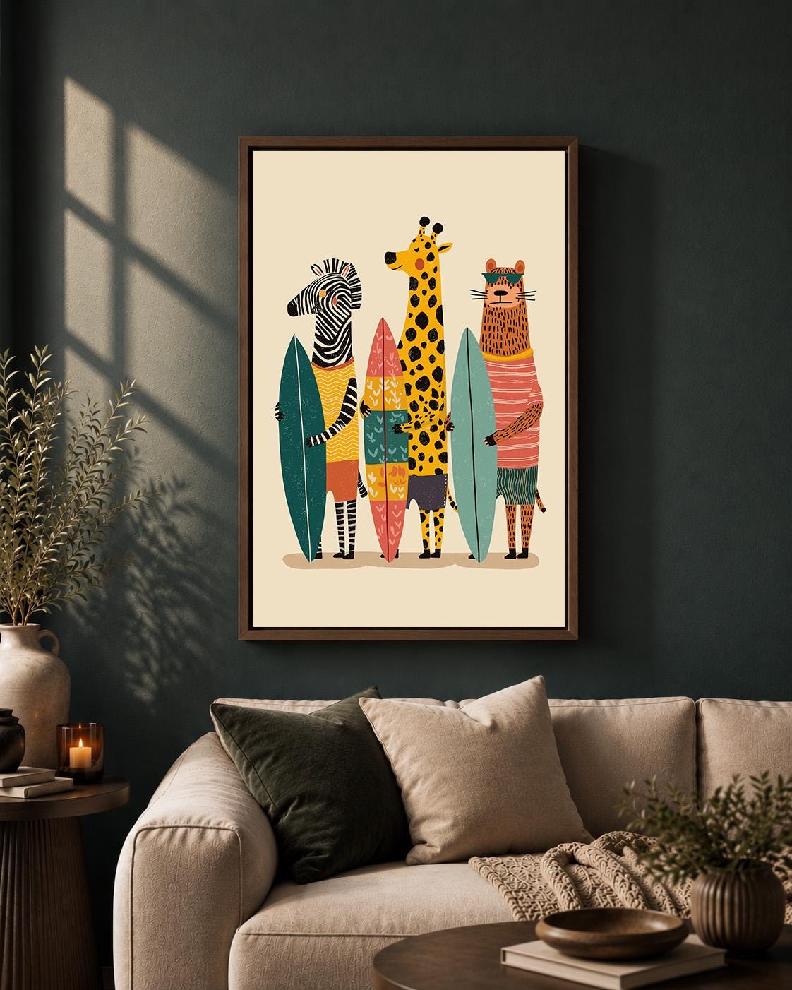 Surfing Animals framed Canvas Art, Zebra Giraffe Tiger Nursery Print, Jungle Beach Decor by The Wall Art Studio - physical