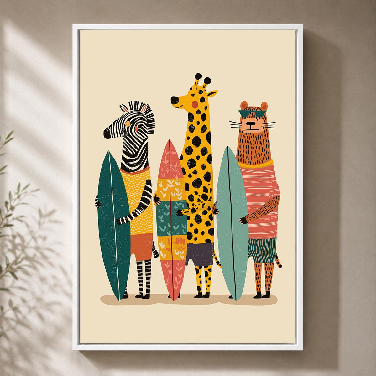 Surfing Animals framed Canvas Art, Zebra Giraffe Tiger Nursery Print, Jungle Beach Decor by The Wall Art Studio - physical