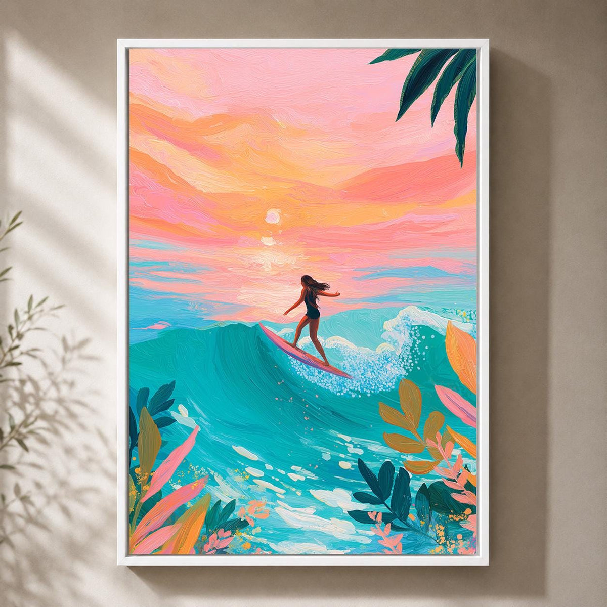 Surfing Sunset Framed Canvas Art, Tropical Beach Wall Decor, Ocean Wave Print, Boho Summer by The Wall Art Studio - physical