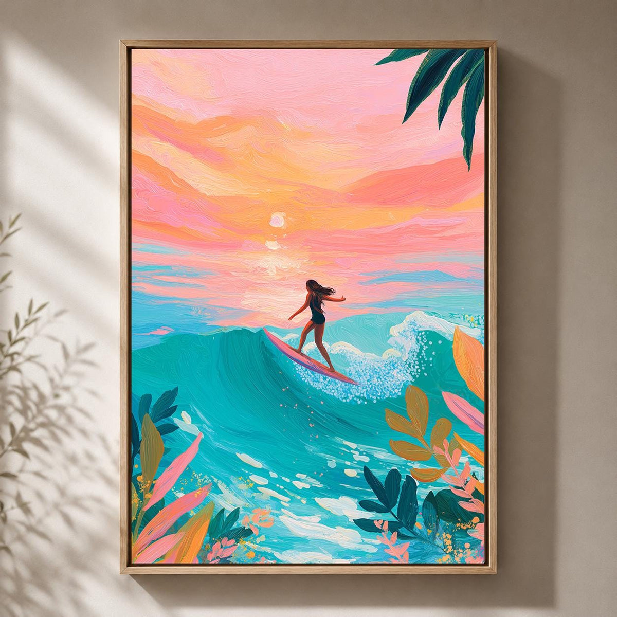 Surfing Sunset Framed Canvas Art, Tropical Beach Wall Decor, Ocean Wave Print, Boho Summer by The Wall Art Studio - physical