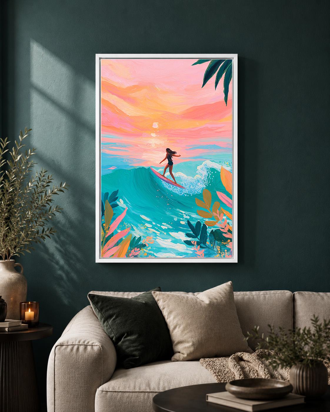Surfing Sunset Framed Canvas Art, Tropical Beach Wall Decor, Ocean Wave Print, Boho Summer by The Wall Art Studio - physical