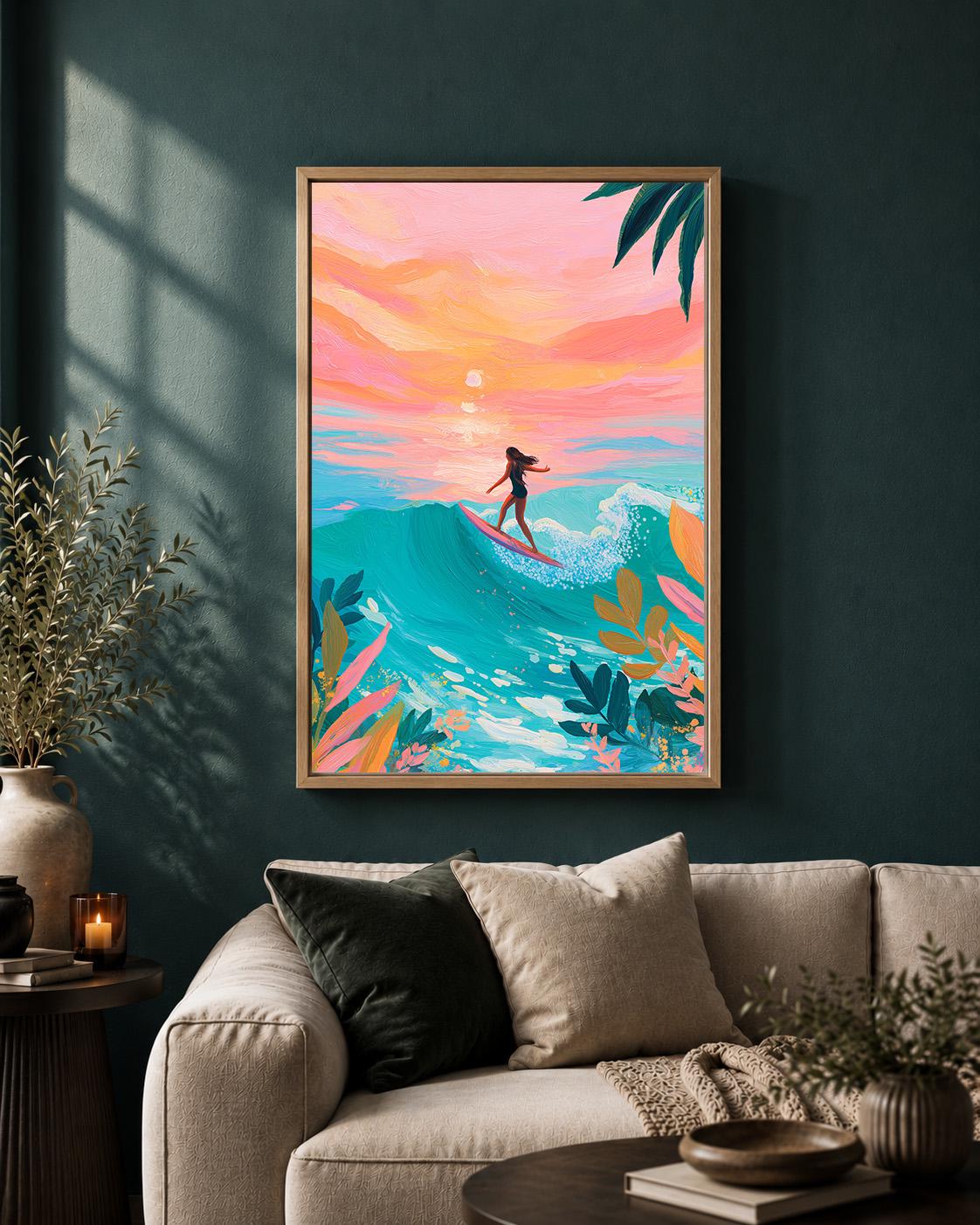 Surfing Sunset Framed Canvas Art, Tropical Beach Wall Decor, Ocean Wave Print, Boho Summer by The Wall Art Studio - physical