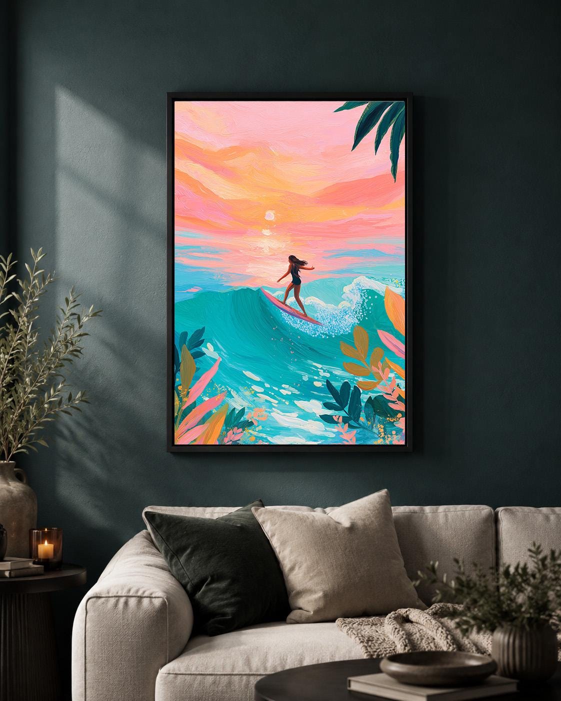 Surfing Sunset Framed Canvas Art, Tropical Beach Wall Decor, Ocean Wave Print, Boho Summer by The Wall Art Studio - physical