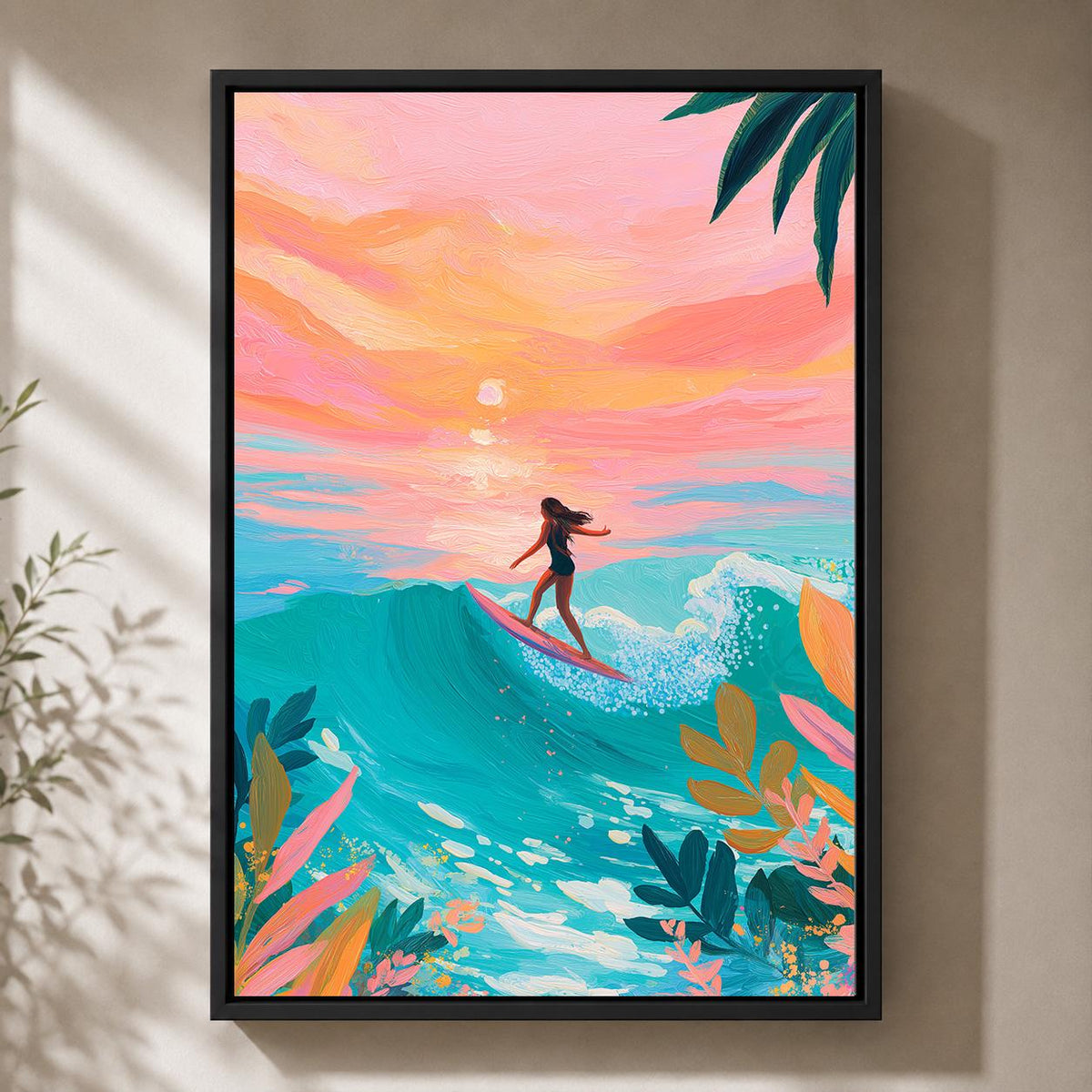 Surfing Sunset Framed Canvas Art, Tropical Beach Wall Decor, Ocean Wave Print, Boho Summer by The Wall Art Studio - physical
