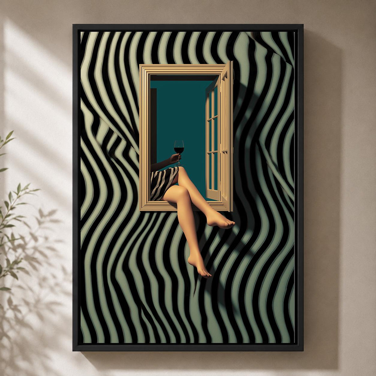 Surreal Zebra Stripe Woman Wine Framed Canvas Art, Modern Glam Moody Statement Piece by The Wall Art Studio - physical