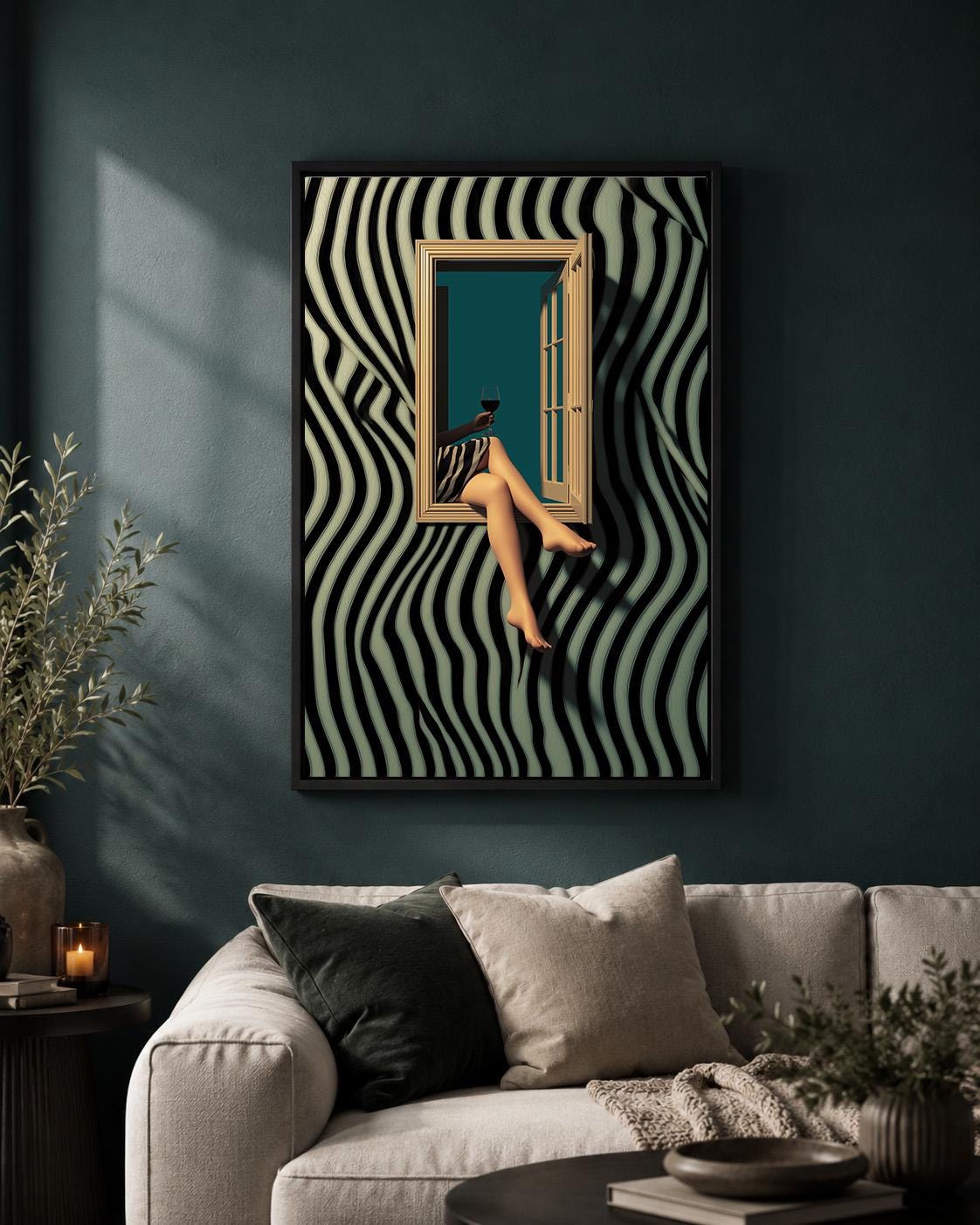 Surreal Zebra Stripe Woman Wine Framed Canvas Art, Modern Glam Moody Statement Piece by The Wall Art Studio - physical