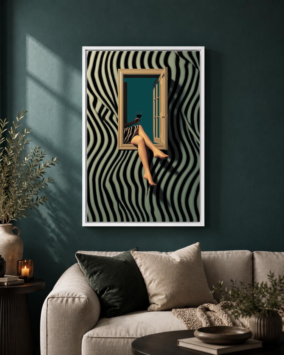 Surreal Zebra Stripe Woman Wine Framed Canvas Art, Modern Glam Moody Statement Piece by The Wall Art Studio - physical
