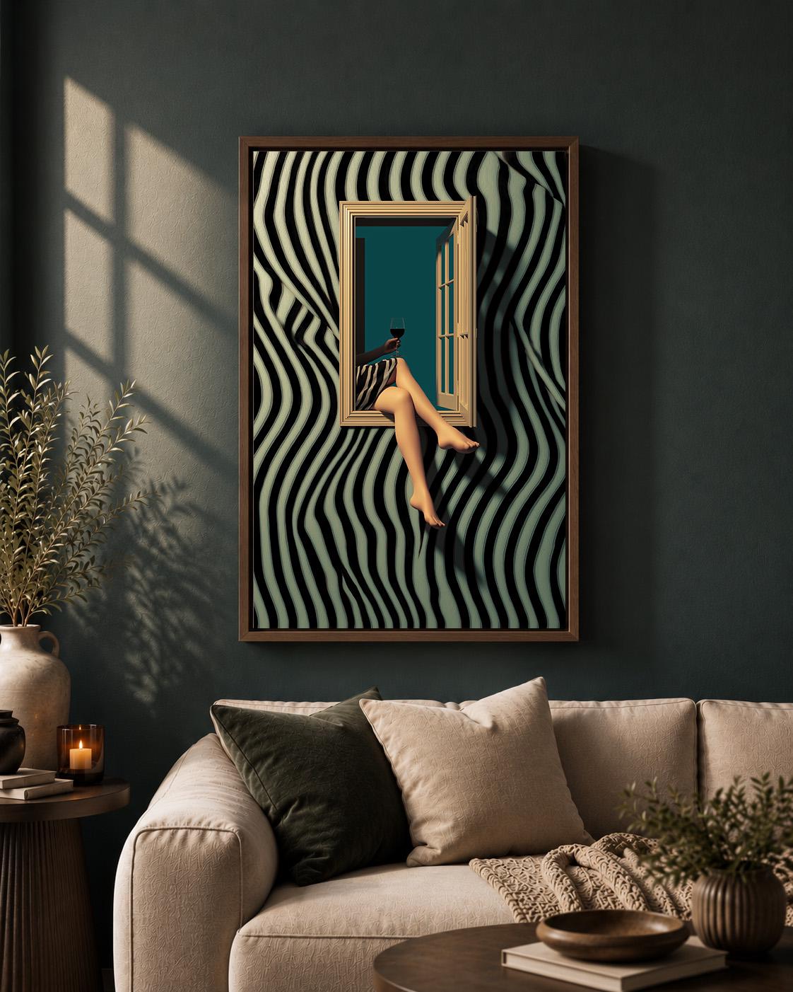 Surreal Zebra Stripe Woman Wine Framed Canvas Art, Modern Glam Moody Statement Piece by The Wall Art Studio - physical