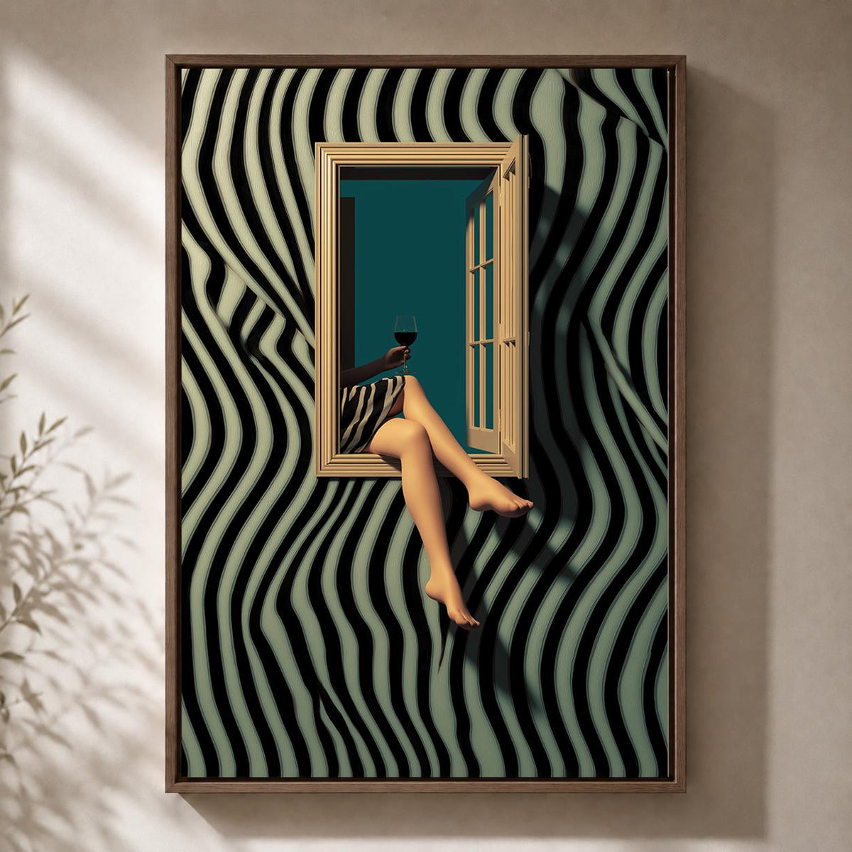Surreal Zebra Stripe Woman Wine Framed Canvas Art, Modern Glam Moody Statement Piece by The Wall Art Studio - physical