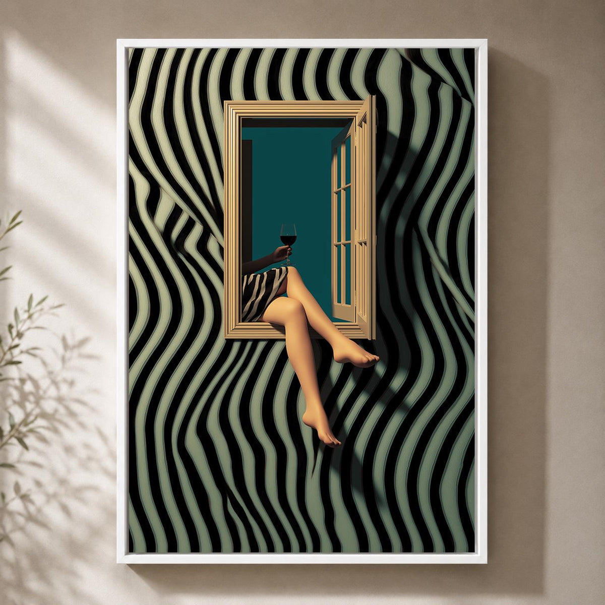 Surreal Zebra Stripe Woman Wine Framed Canvas Art, Modern Glam Moody Statement Piece by The Wall Art Studio - physical