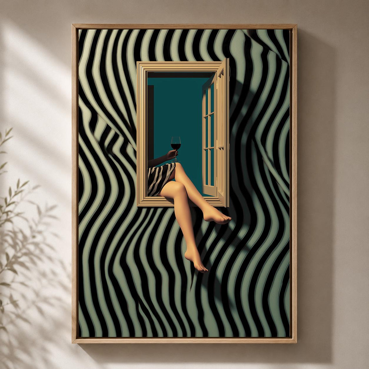 Surreal Zebra Stripe Woman Wine Framed Canvas Art, Modern Glam Moody Statement Piece by The Wall Art Studio - physical