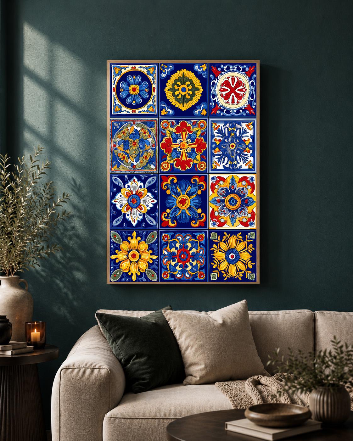 Talavera Tile Framed Canvas Wall Art, Mexican Folk Print, Mediterranean Kitchen Decor by The Wall Art Studio - physical