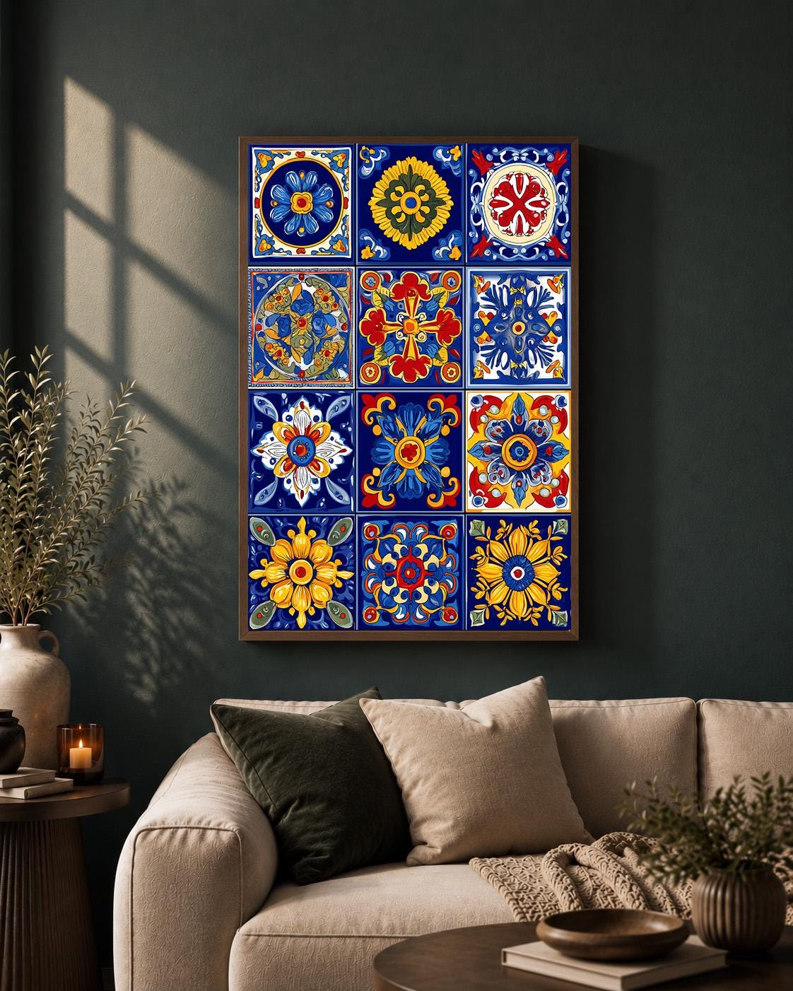 Talavera Tile Framed Canvas Wall Art, Mexican Folk Print, Mediterranean Kitchen Decor by The Wall Art Studio - physical