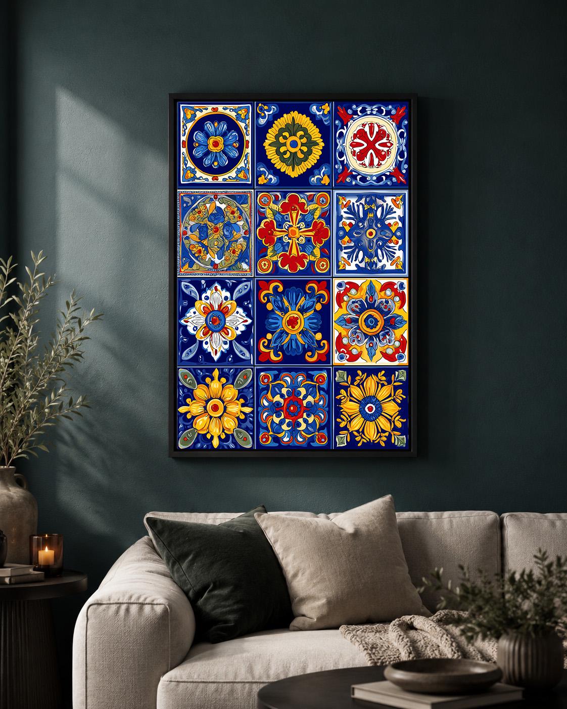 Talavera Tile Framed Canvas Wall Art, Mexican Folk Print, Mediterranean Kitchen Decor by The Wall Art Studio - physical