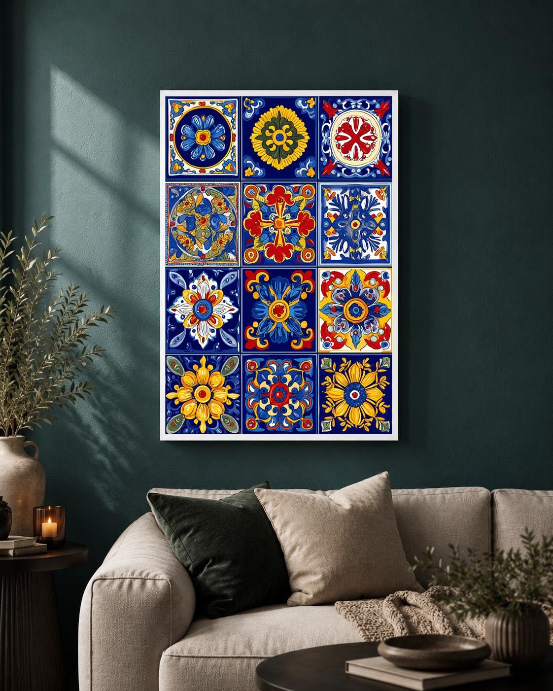Talavera Tile Framed Canvas Wall Art, Mexican Folk Print, Mediterranean Kitchen Decor by The Wall Art Studio - physical