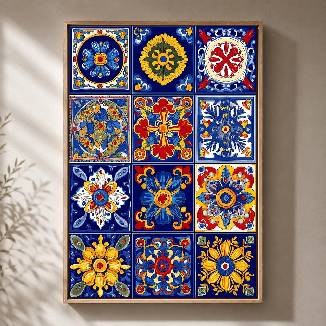 Talavera Tile Framed Canvas Wall Art, Mexican Folk Print, Mediterranean Kitchen Decor by The Wall Art Studio - physical