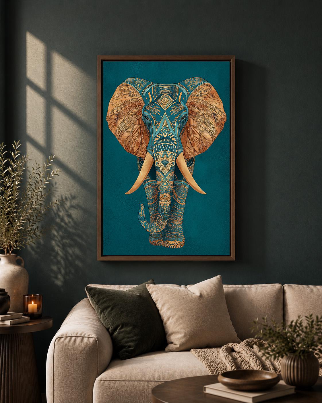 Teal Gold Elephant Framed Canvas Art, Boho Safari Maximalist Animal Artwork by The Wall Art Studio - physical
