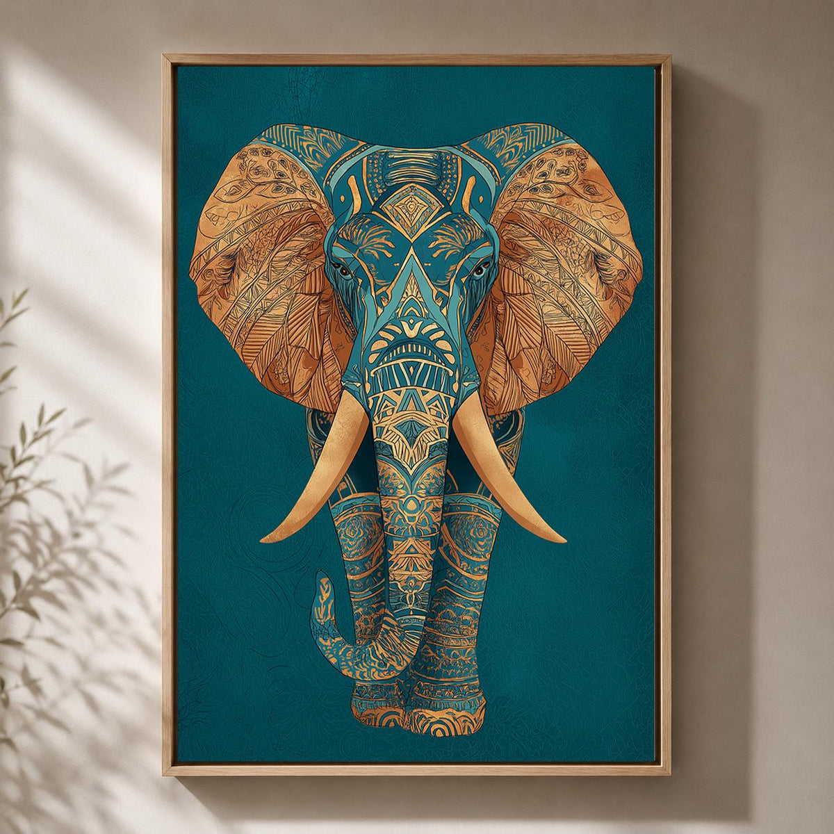 Teal Gold Elephant Framed Canvas Art, Boho Safari Maximalist Animal Artwork by The Wall Art Studio - physical