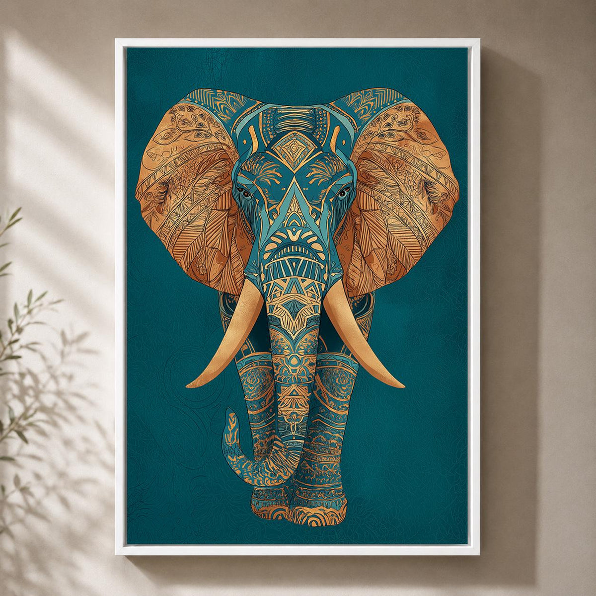 Teal Gold Elephant Framed Canvas Art, Boho Safari Maximalist Animal Artwork by The Wall Art Studio - physical