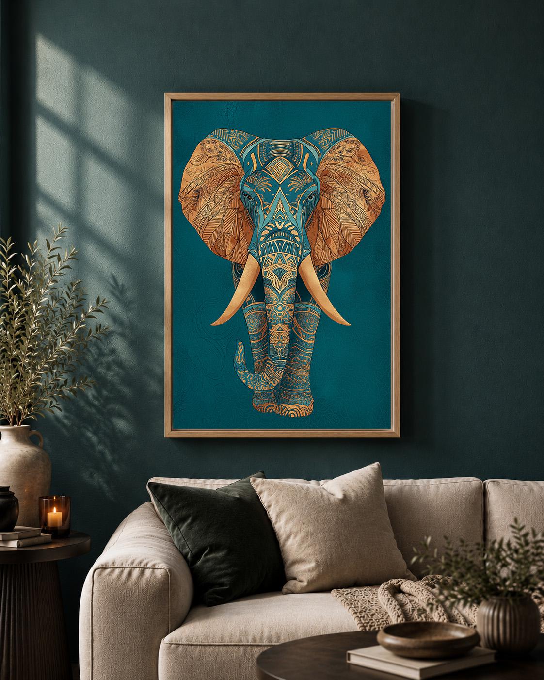 Teal Gold Elephant Framed Canvas Art, Boho Safari Maximalist Animal Artwork by The Wall Art Studio - physical