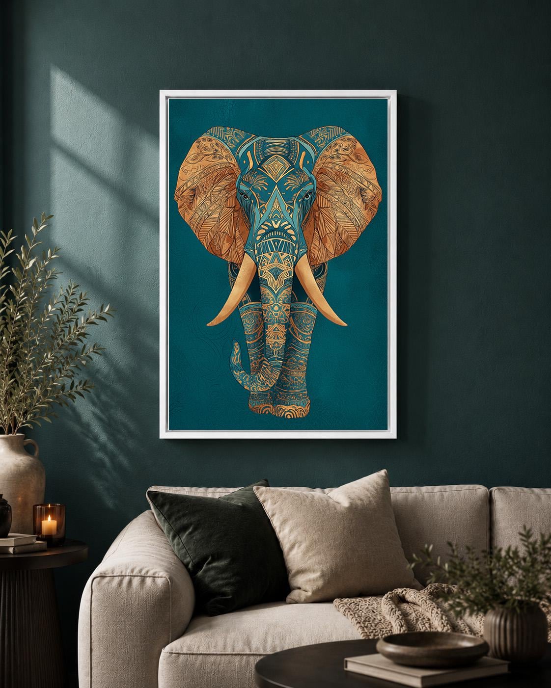 Teal Gold Elephant Framed Canvas Art, Boho Safari Maximalist Animal Artwork by The Wall Art Studio - physical
