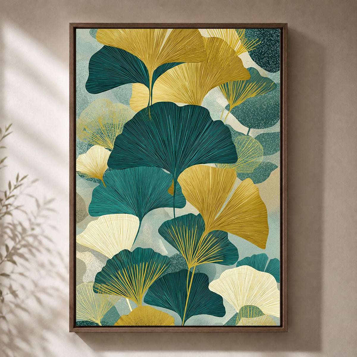 Teal Gold Ginkgo Leaf Framed Canvas, Japandi Botanical Print, Mid Century Scandinavian Nature Canvas by The Wall Art Studi...