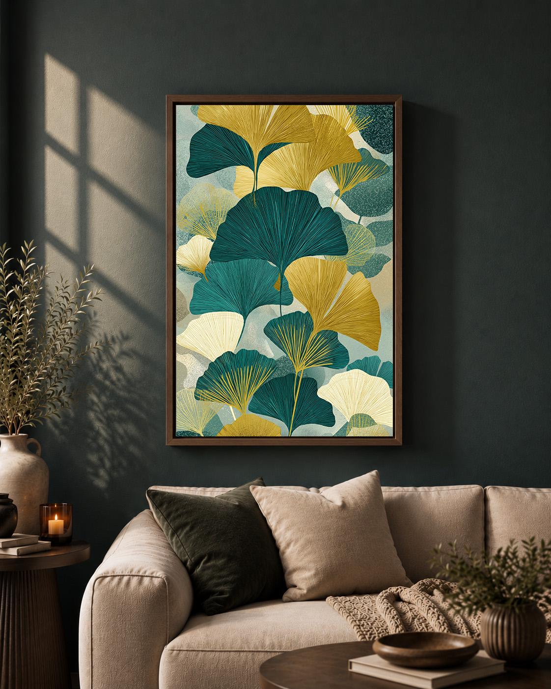 Teal Gold Ginkgo Leaf Framed Canvas, Japandi Botanical Print, Mid Century Scandinavian Nature Canvas by The Wall Art Studi...
