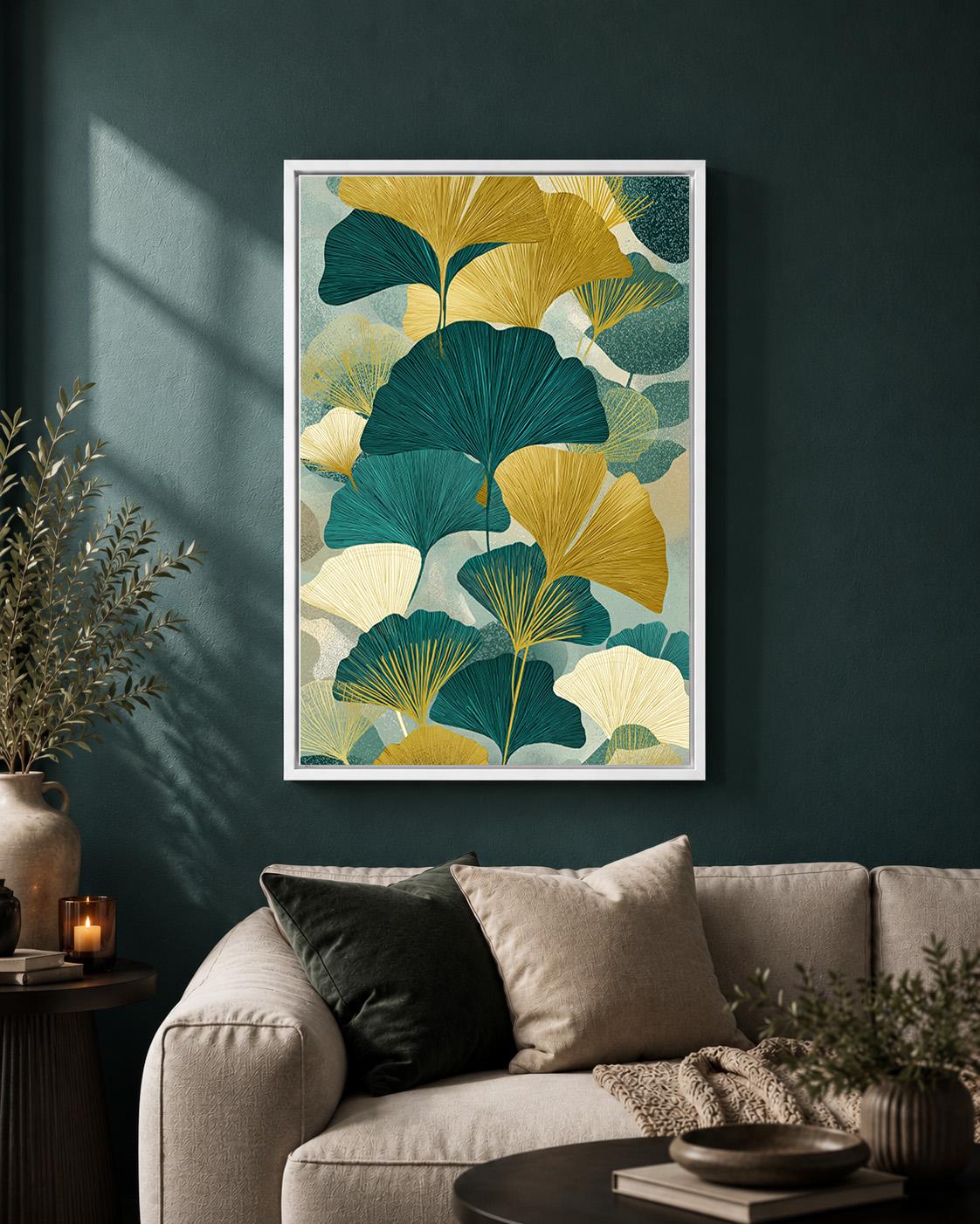 Teal Gold Ginkgo Leaf Framed Canvas, Japandi Botanical Print, Mid Century Scandinavian Nature Canvas by The Wall Art Studi...