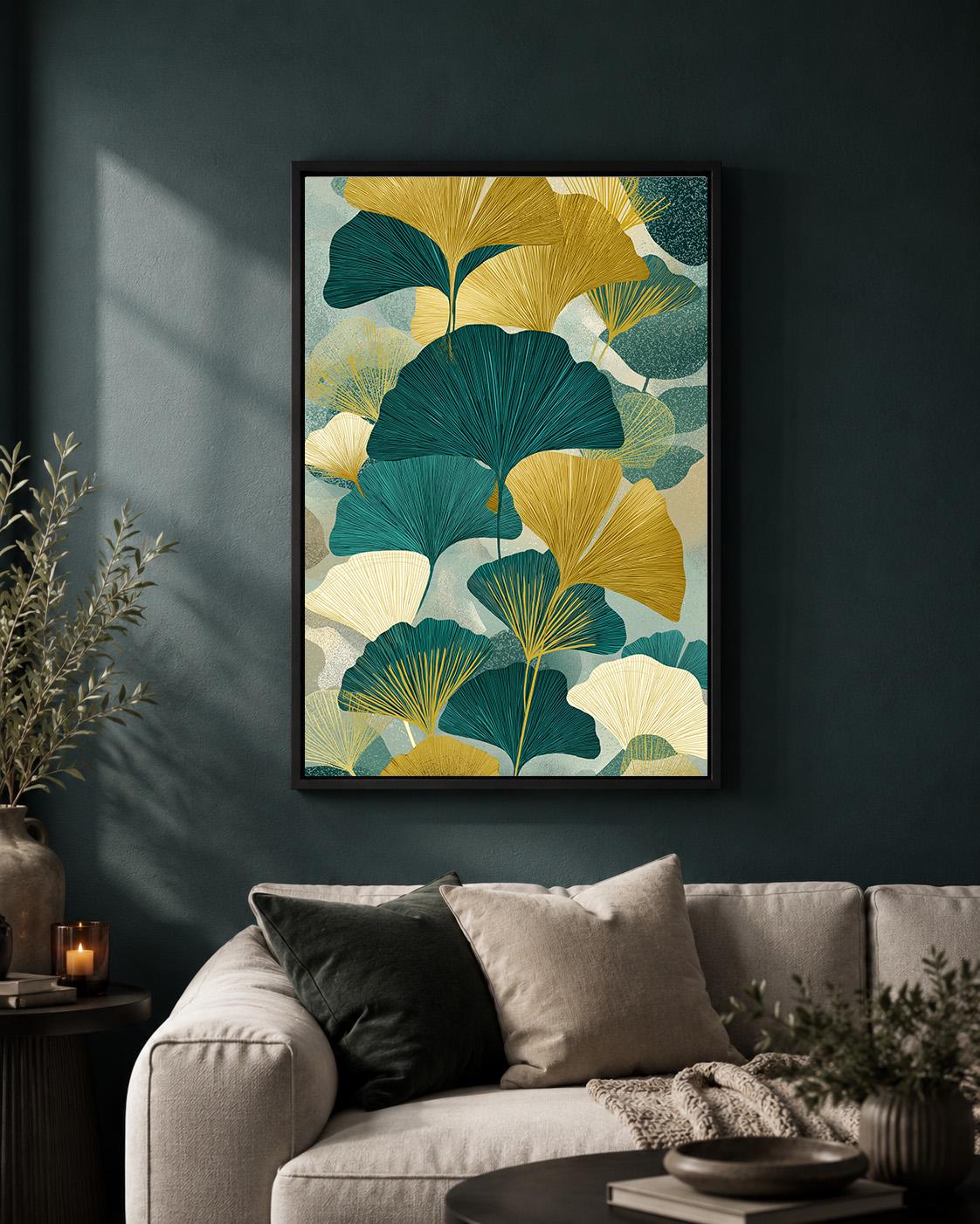 Teal Gold Ginkgo Leaf Framed Canvas, Japandi Botanical Print, Mid Century Scandinavian Nature Canvas by The Wall Art Studi...