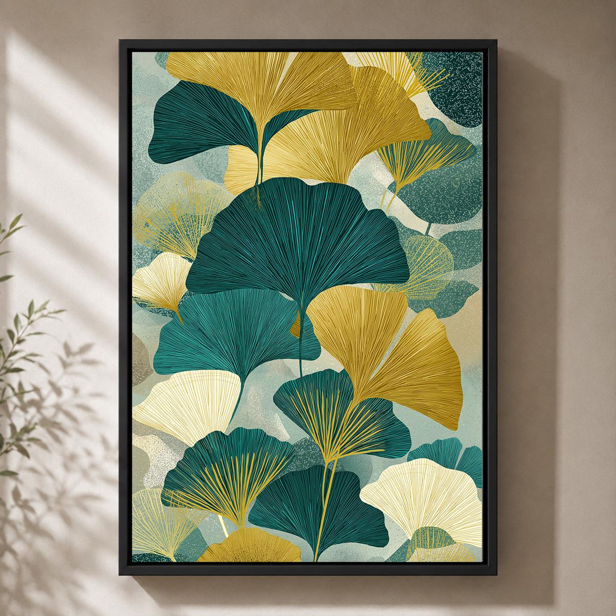 Teal Gold Ginkgo Leaf Framed Canvas, Japandi Botanical Print, Mid Century Scandinavian Nature Canvas by The Wall Art Studi...
