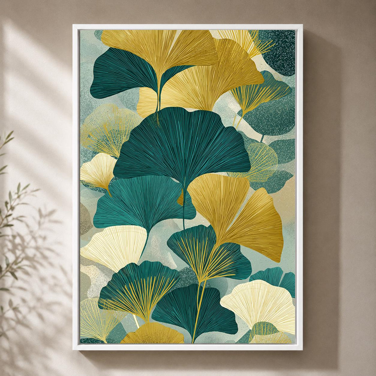 Teal Gold Ginkgo Leaf Framed Canvas, Japandi Botanical Print, Mid Century Scandinavian Nature Canvas by The Wall Art Studi...