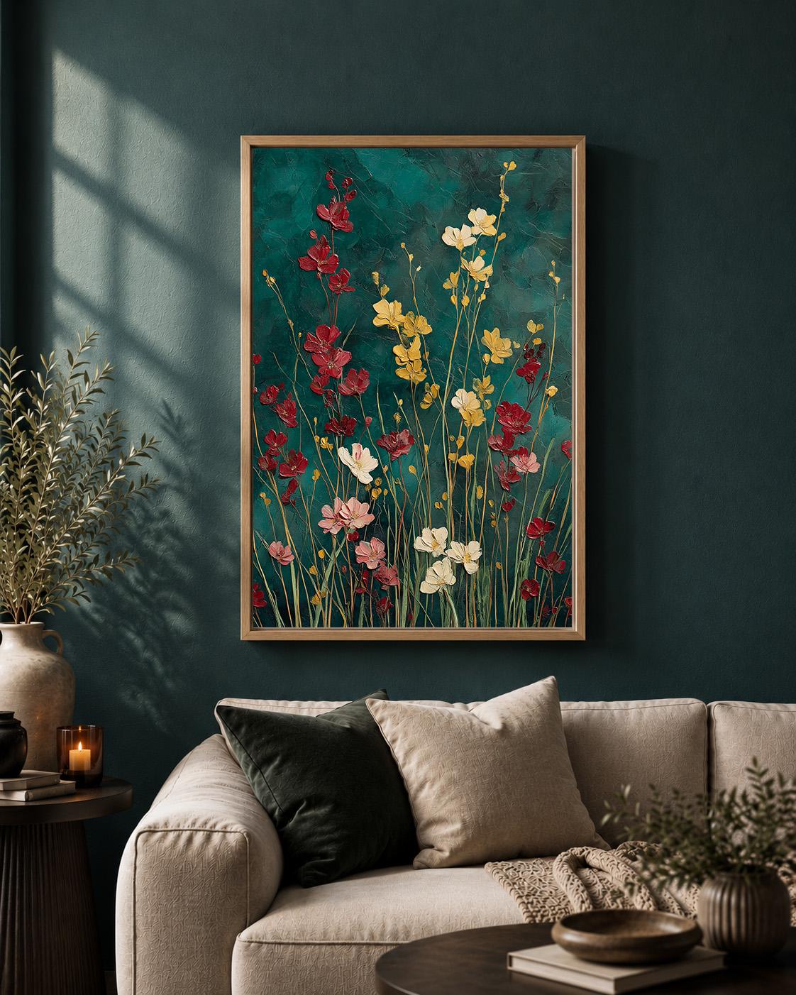 Teal Wildflower Framed Canvas Wall Art, Moody Floral Meadow Painting, Botanical Cottagecore Decor by The Wall Art Studio -...