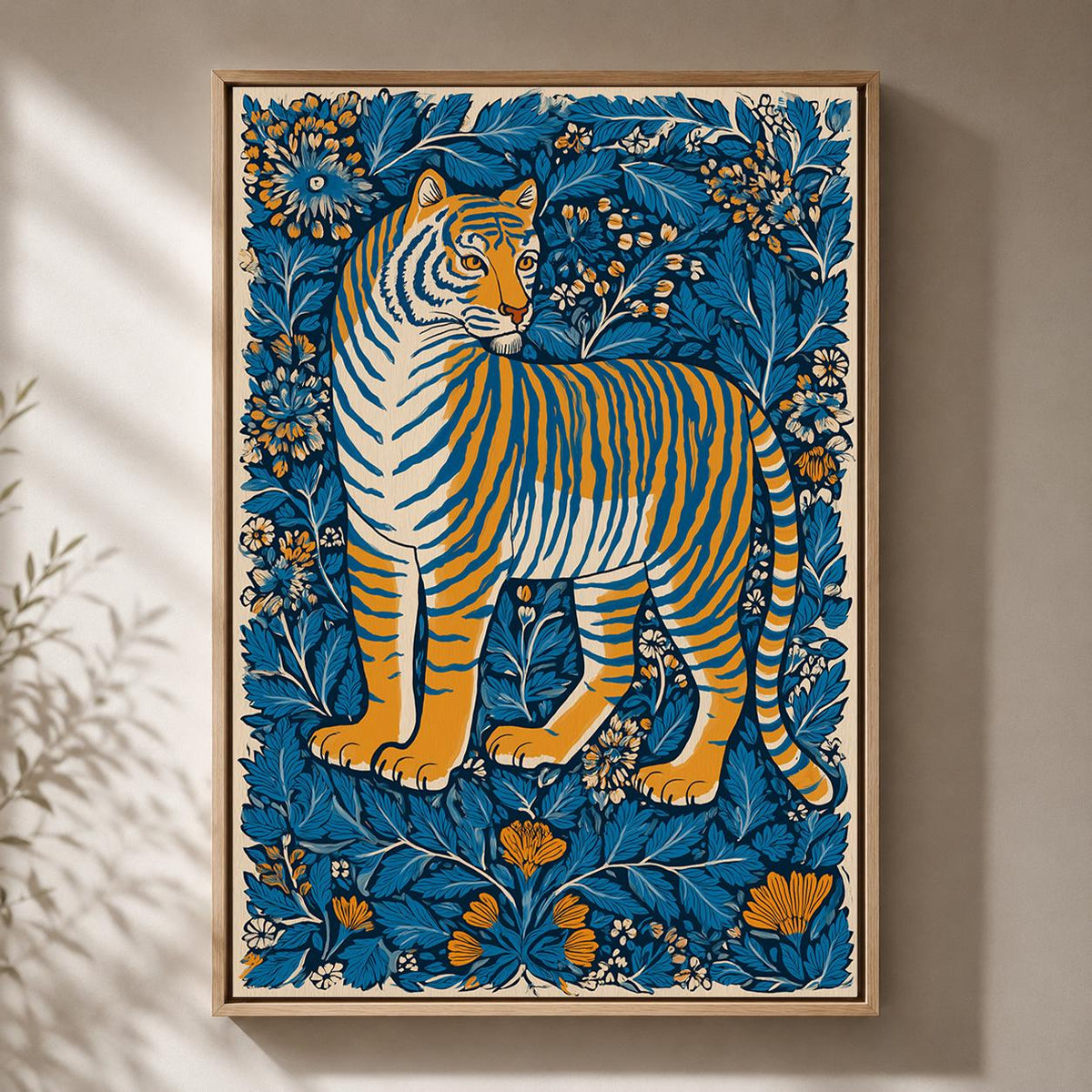 Tiger Folk Art Framed Canvas Print, Scandinavian Botanical Jungle Nursery Decor by The Wall Art Studio - physical