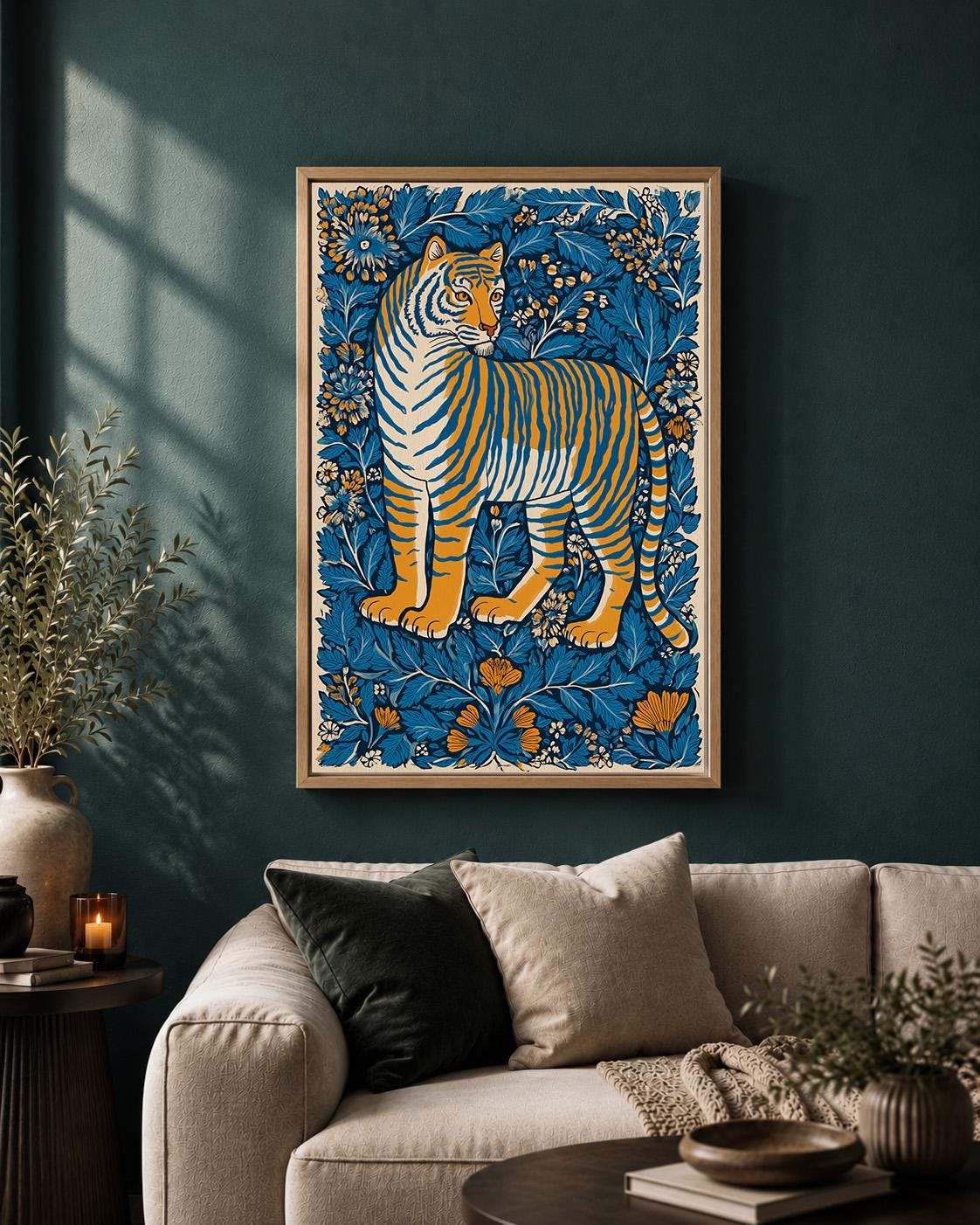 Tiger Folk Art Framed Canvas Print, Scandinavian Botanical Jungle Nursery Decor by The Wall Art Studio - physical