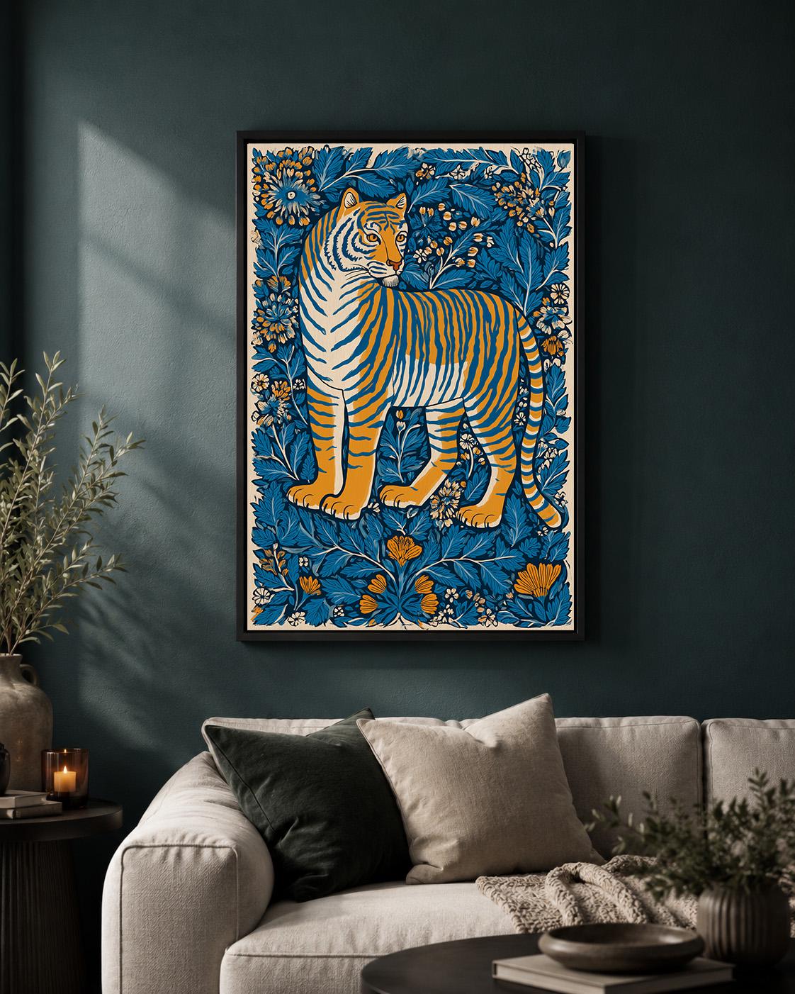 Tiger Folk Art Framed Canvas Print, Scandinavian Botanical Jungle Nursery Decor by The Wall Art Studio - physical