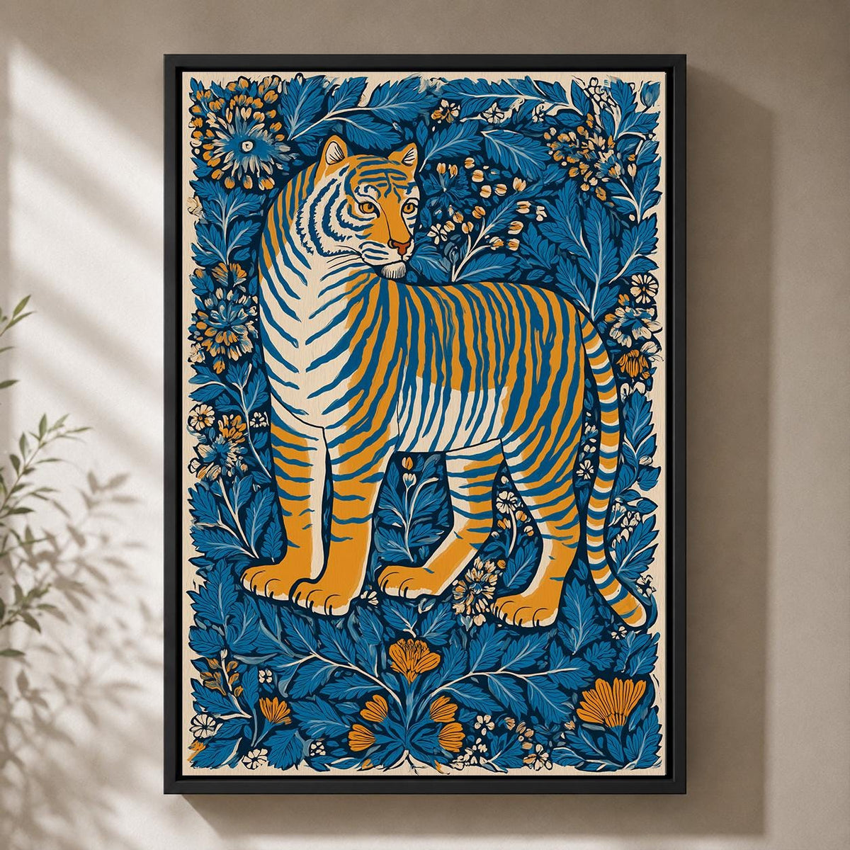 Tiger Folk Art Framed Canvas Print, Scandinavian Botanical Jungle Nursery Decor by The Wall Art Studio - physical