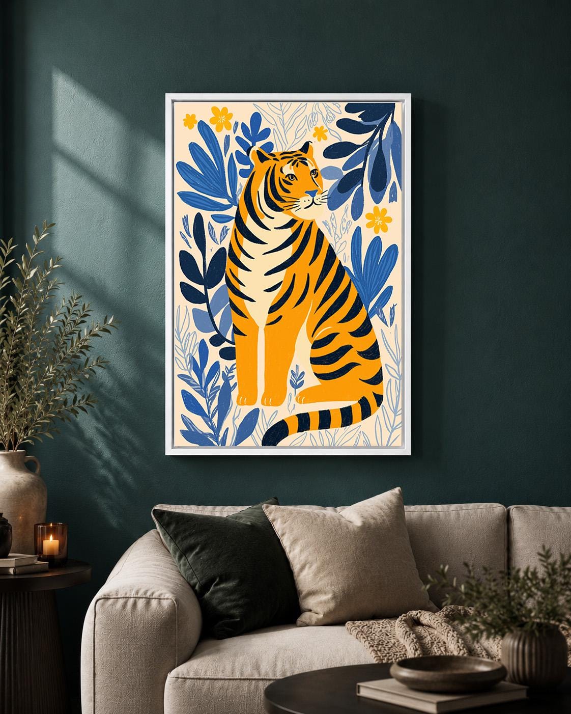 Tiger Folk Art Framed Canvas Print, Scandinavian Botanical Jungle Nursery Decor by The Wall Art Studio - physical