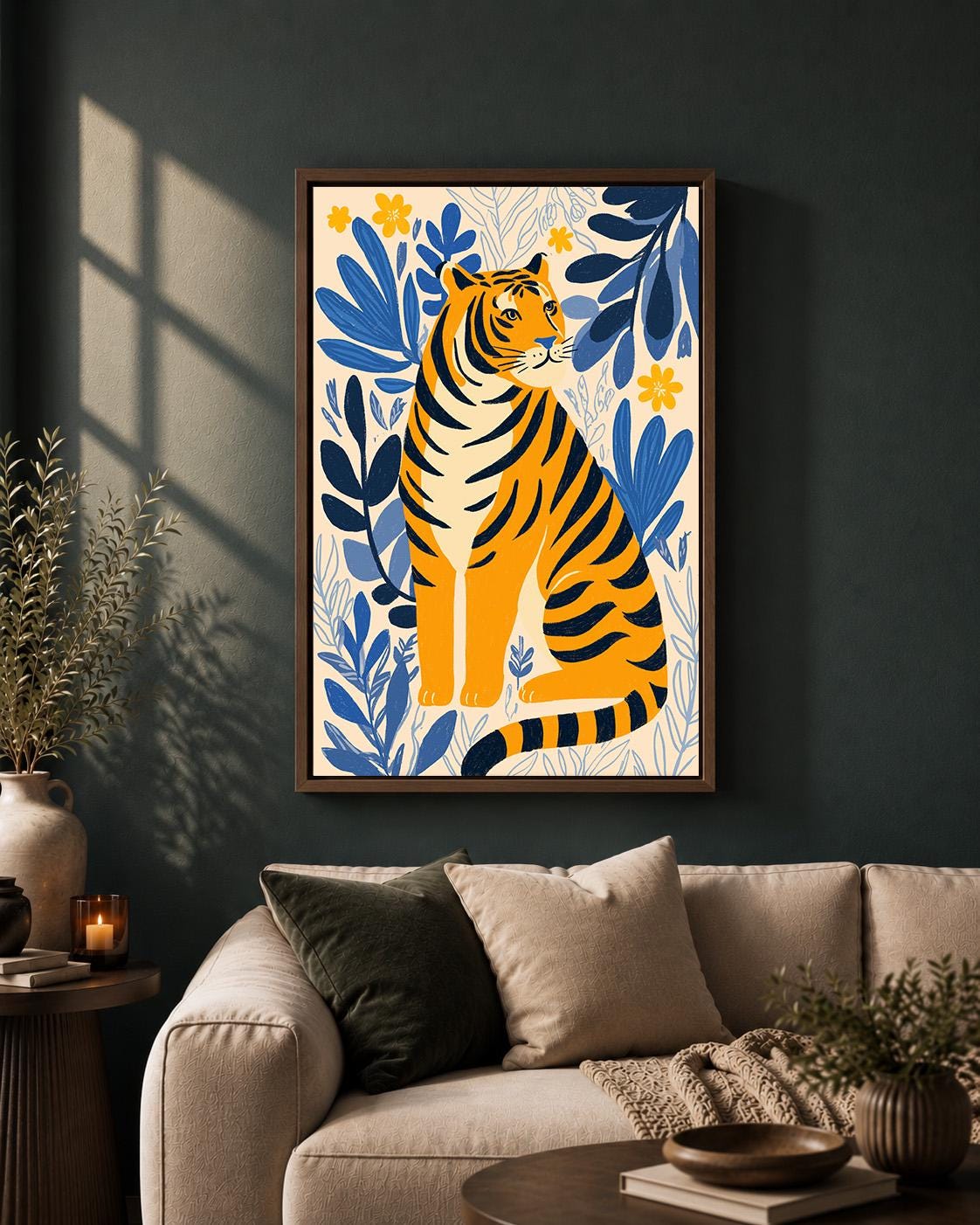 Tiger Folk Art Framed Canvas Print, Scandinavian Botanical Jungle Nursery Decor by The Wall Art Studio - physical